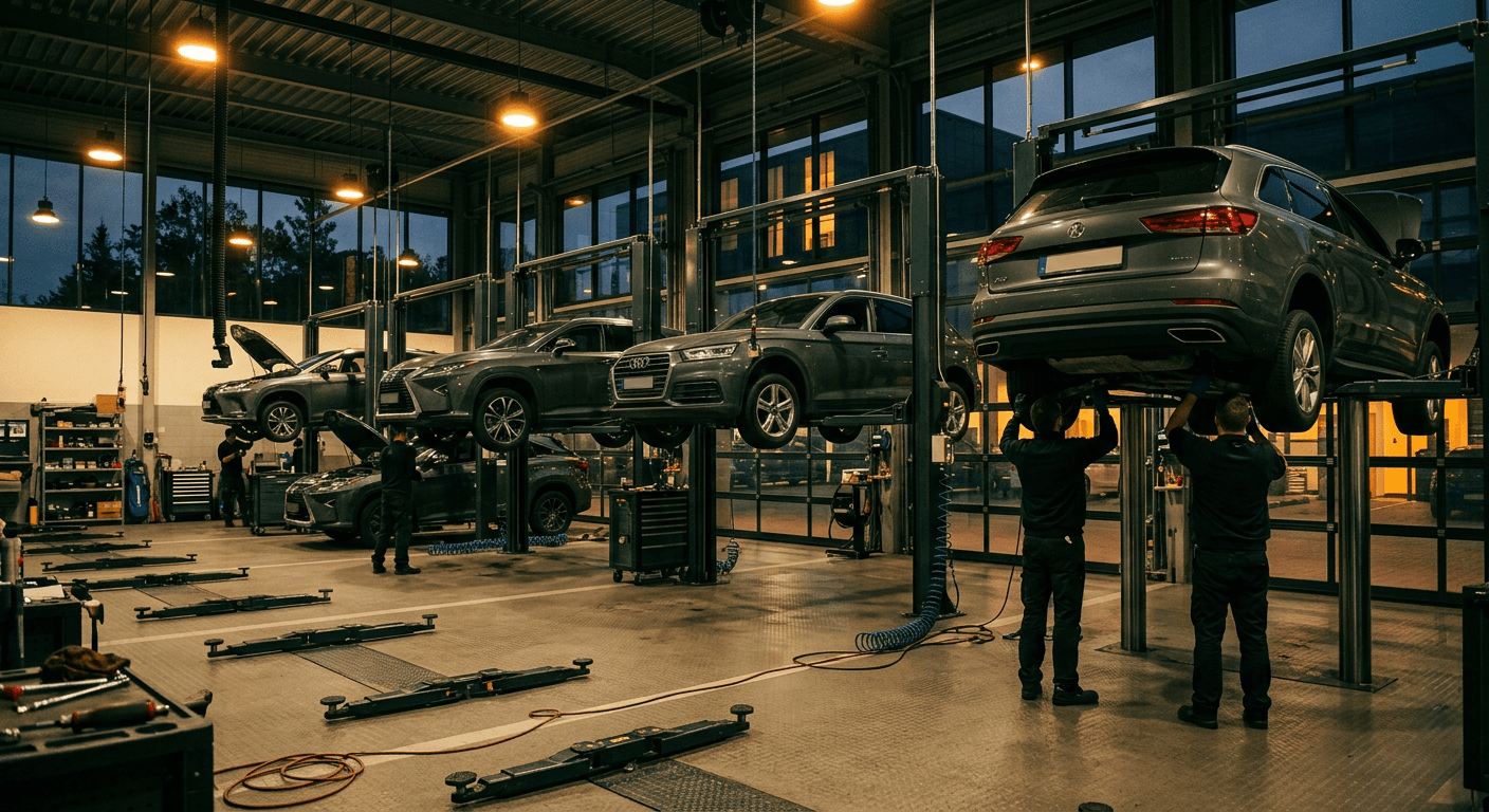 A dealership service workshop at dusk with cars raised on lifts