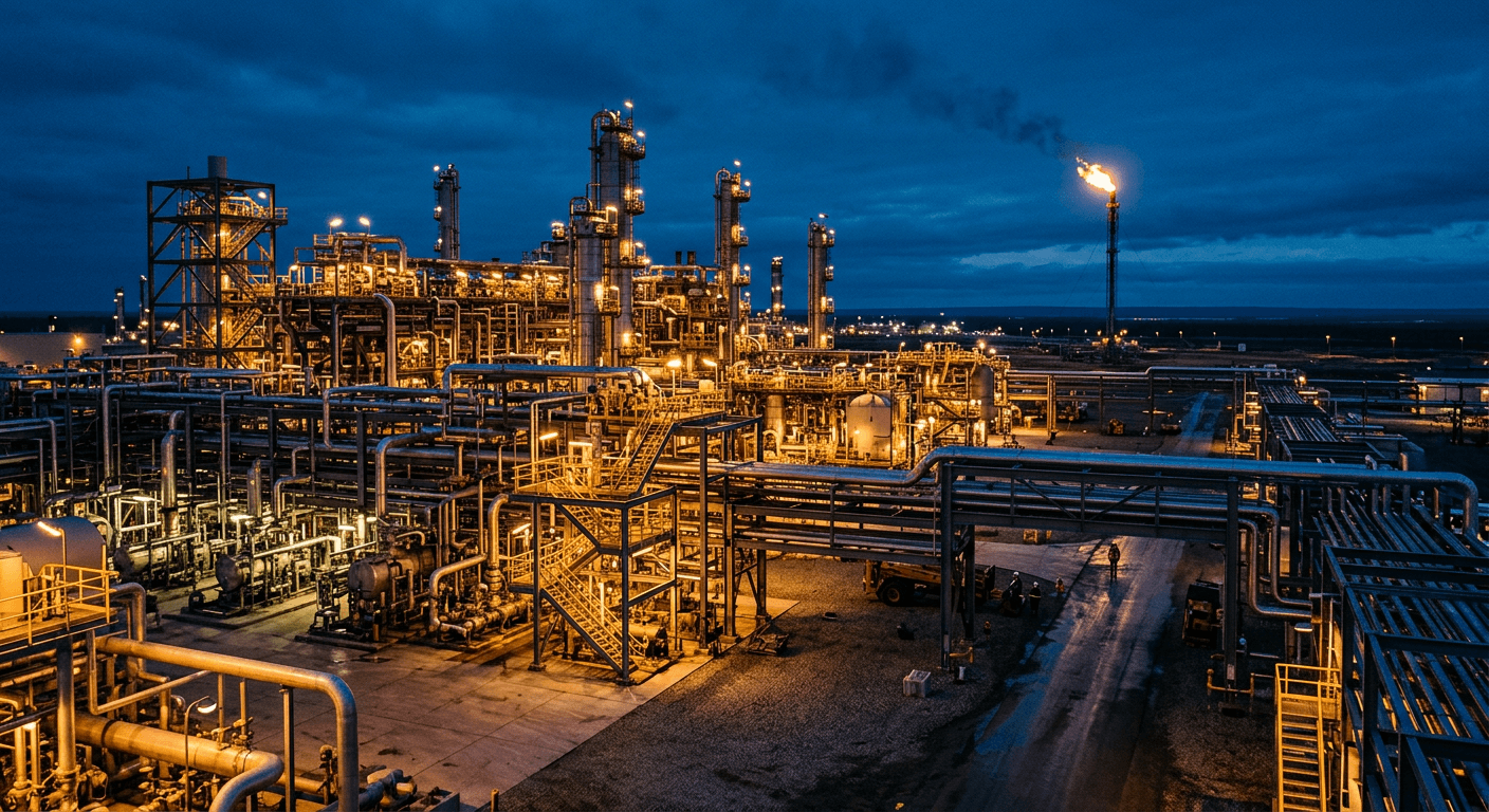 An onshore oil and gas processing facility at blue hour