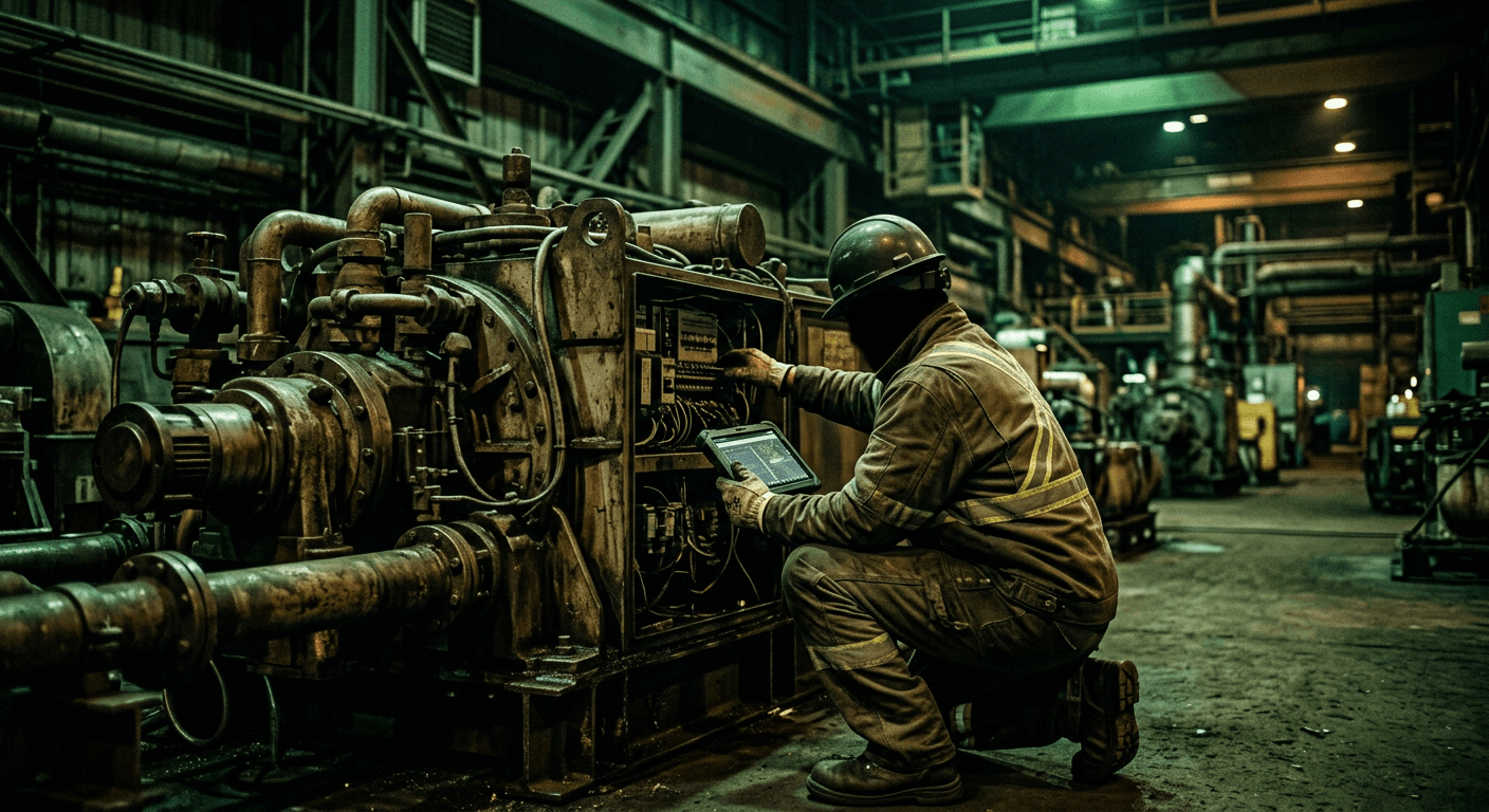 A field service technician servicing industrial equipment with a rugged tablet