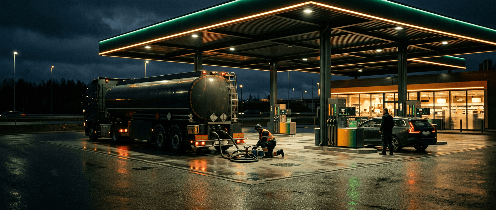 A fuel station forecourt at night with a tanker making a delivery