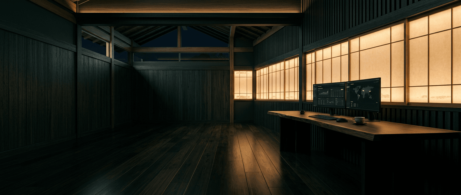 A timber dojo at night, glowing shoji panels behind one desk with live business dashboards